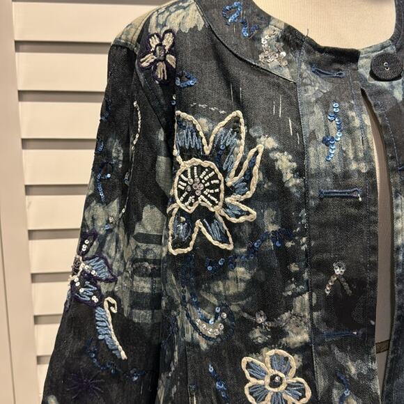 Chico’s Denim Jacket beautiful embroidered and embellished with sequins/ beads. - Picture 2 of 7